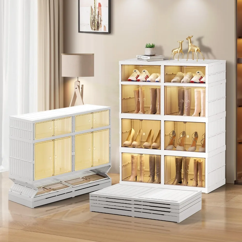 4-Tier Foldable Shoe Rack Organizer for Closet 16Pairs Plastic Collapsible Shoes Storage Box Clear Shoe Boxes Stackable