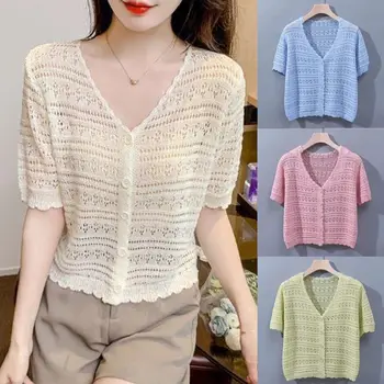 Fashion Hollow Out Knitted Cardigan Thin V-Neck Sun-Proof Tops Casual Short Sleeve Outwear Women 1