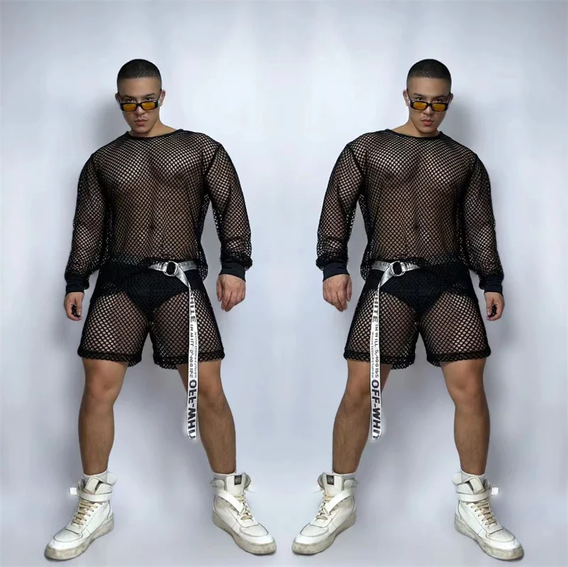 

Sexy Men's Black Mesh Muscle Sports Suits Nighclub Bar Male Singer Dj Hiphop Dance Wear Party Show Stage theme Costumes
