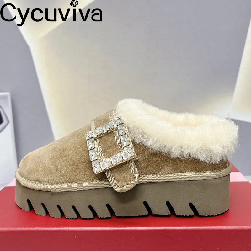 

2024 Real Wool Inside Flat Loafers Shoes for Women Platform Warm Fur Shoes Ladies Brand Outdoor Flats Mules Walk Shoes Woman