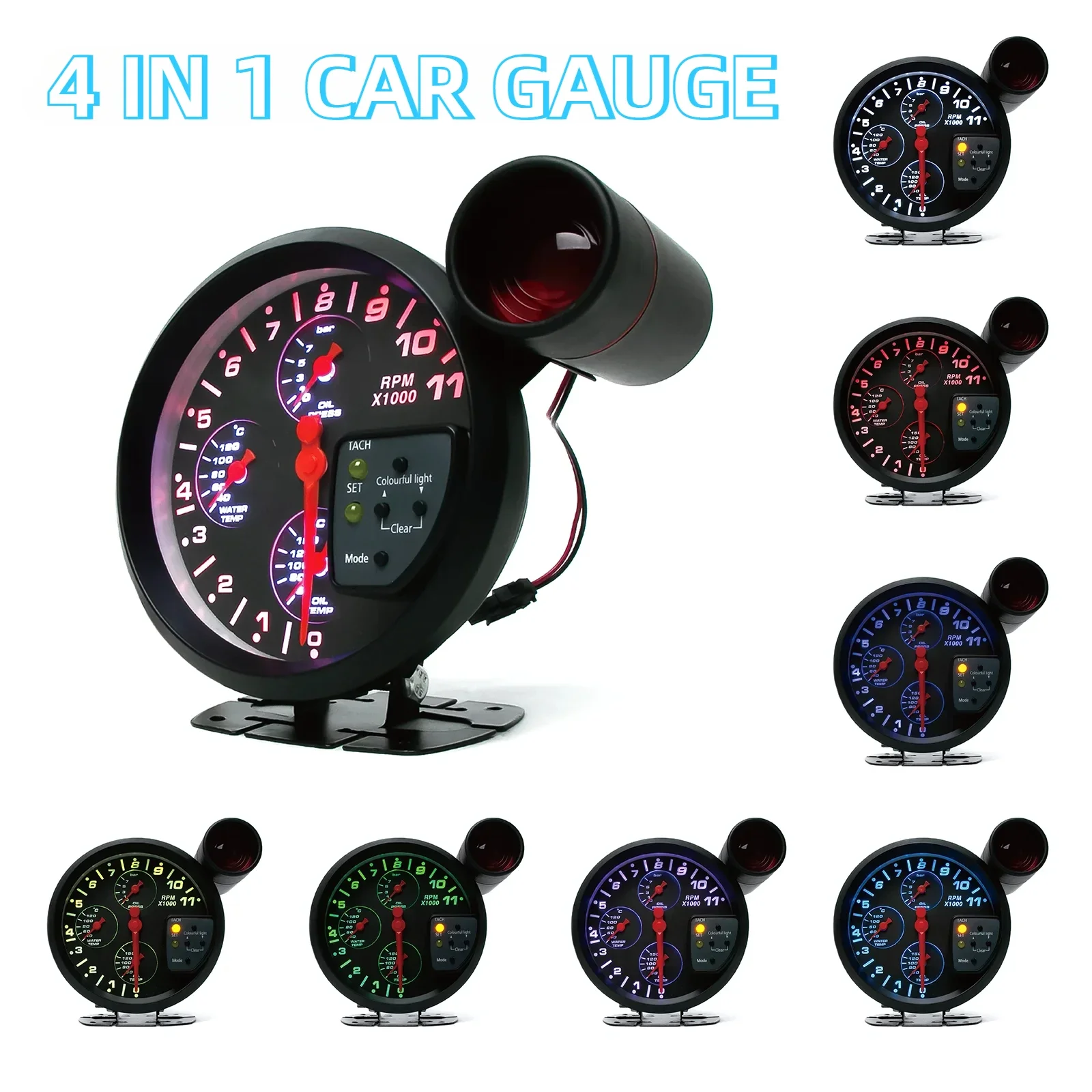 5" Car Gauge 4-in-1 Tachometer Water Temperature Oil Temperature Oil ...