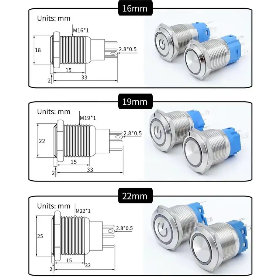 16mm 19mm 22mm Metal Push Button Switch Momentary/Latching Flat Head Led Light Red Yellow Blue Green White 3V 12V 24V 220V image 3