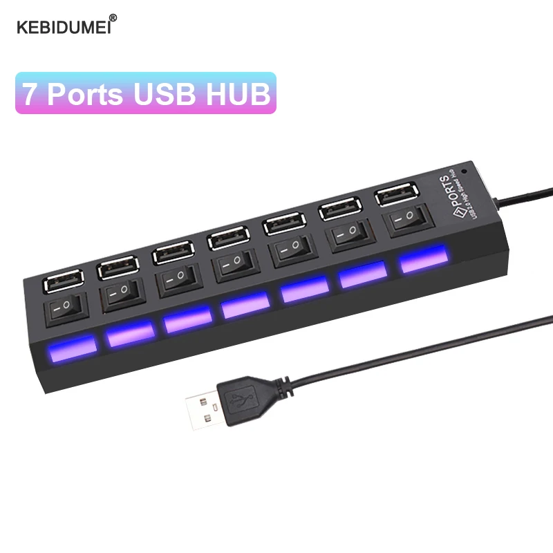 USB 허브 2.0 USB 2.0 허브 멀티 USB 분배기 허브 사용 전원 어댑터 4/7 포트 다중 확장기 2.0, pc용 스위치 포함