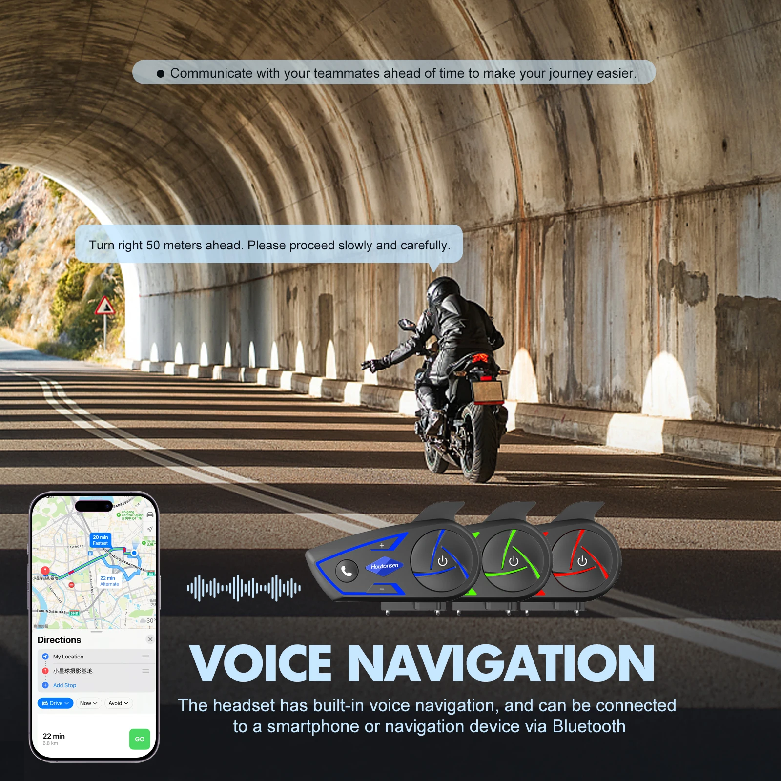 Houtonsen S3 Motorcycle Helmet Bluetooth Headset Intercom Wireless 1000M Interphone RGB Tri-Color Ambient Light Waterproof