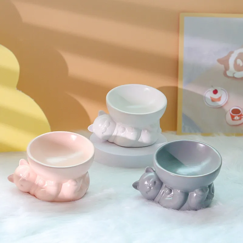 

Ceramic Cat Bowl High Foot Dog Bowl Neck Protector Oblique Mouth Cat Pet Food Water Bowl Pet Feeding Cup Pet Feeder Bowl