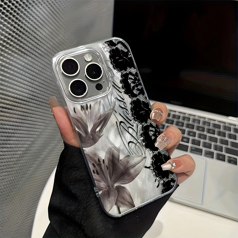 Elegant Black Lace Lily Flower Phone Case Cover
