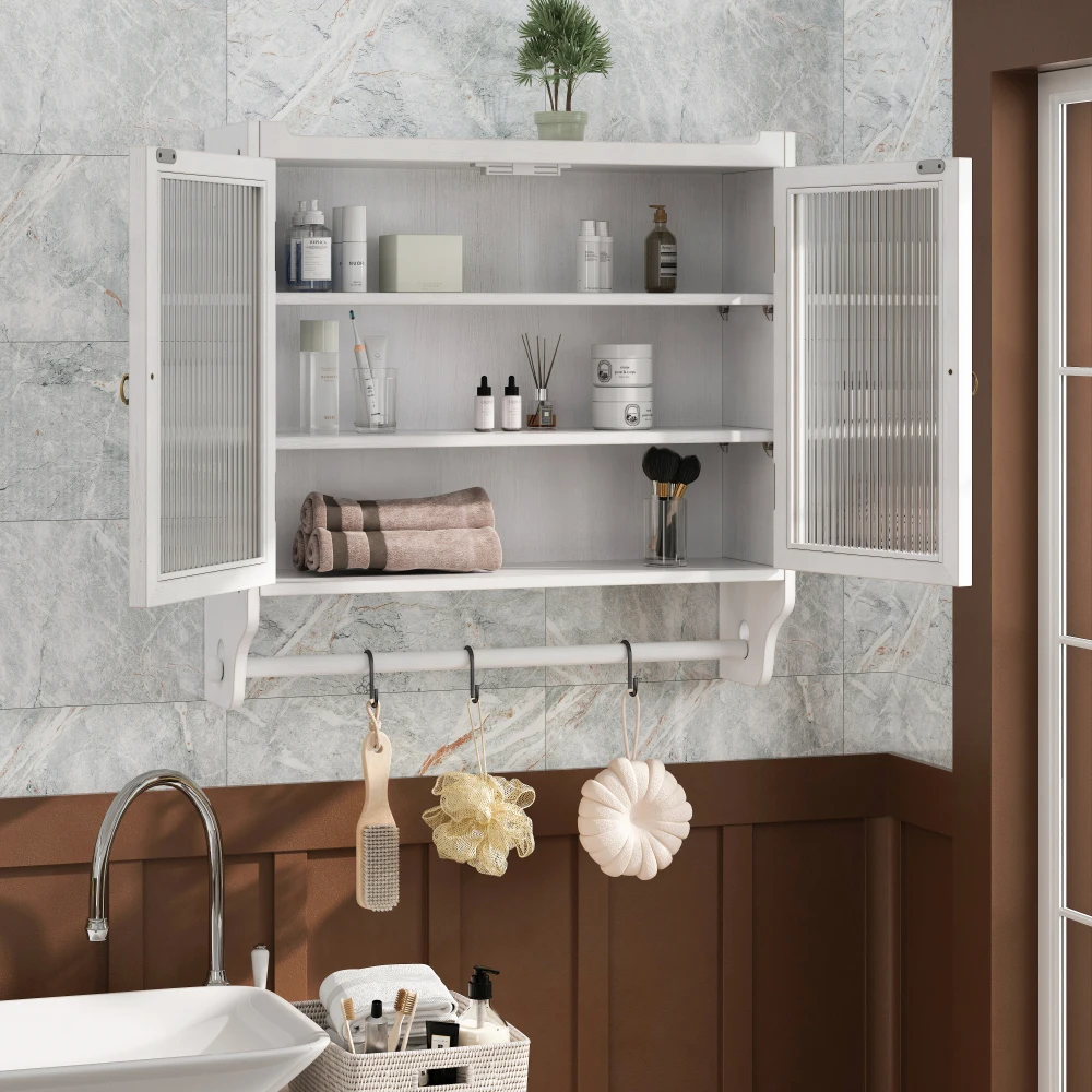 Vintage-Wandschrank mit Doppeltür und Glastür, dreistufiger Stauraum mit Handtuchhalter, für Badezimmer, Küche, Esszimmer – Detail 24