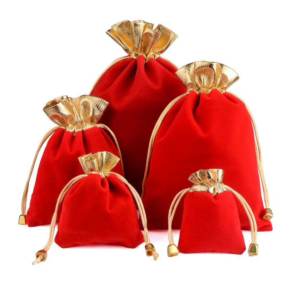 25 개/몫 골든 컬러 가장자리 Drawstring 선물 벨벳 가방 7X9 9X12 12X16cm 크리스마스 웨딩 보석 포장 파우치 도매