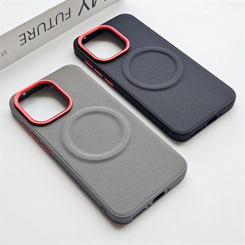 Magnetic Fine Grained Leather Case with Matte Back and Metal Lens Frame Cover