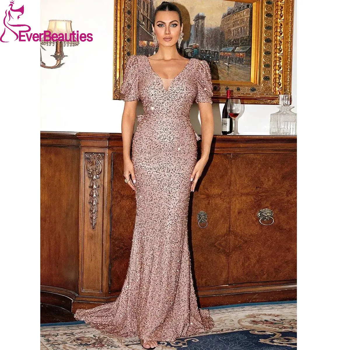 

Sequins Prom Dresses Short Sleeves Mermaid Formal Occasion Dresses for Women Party 2023 Vestidos Para Eventos Especiales