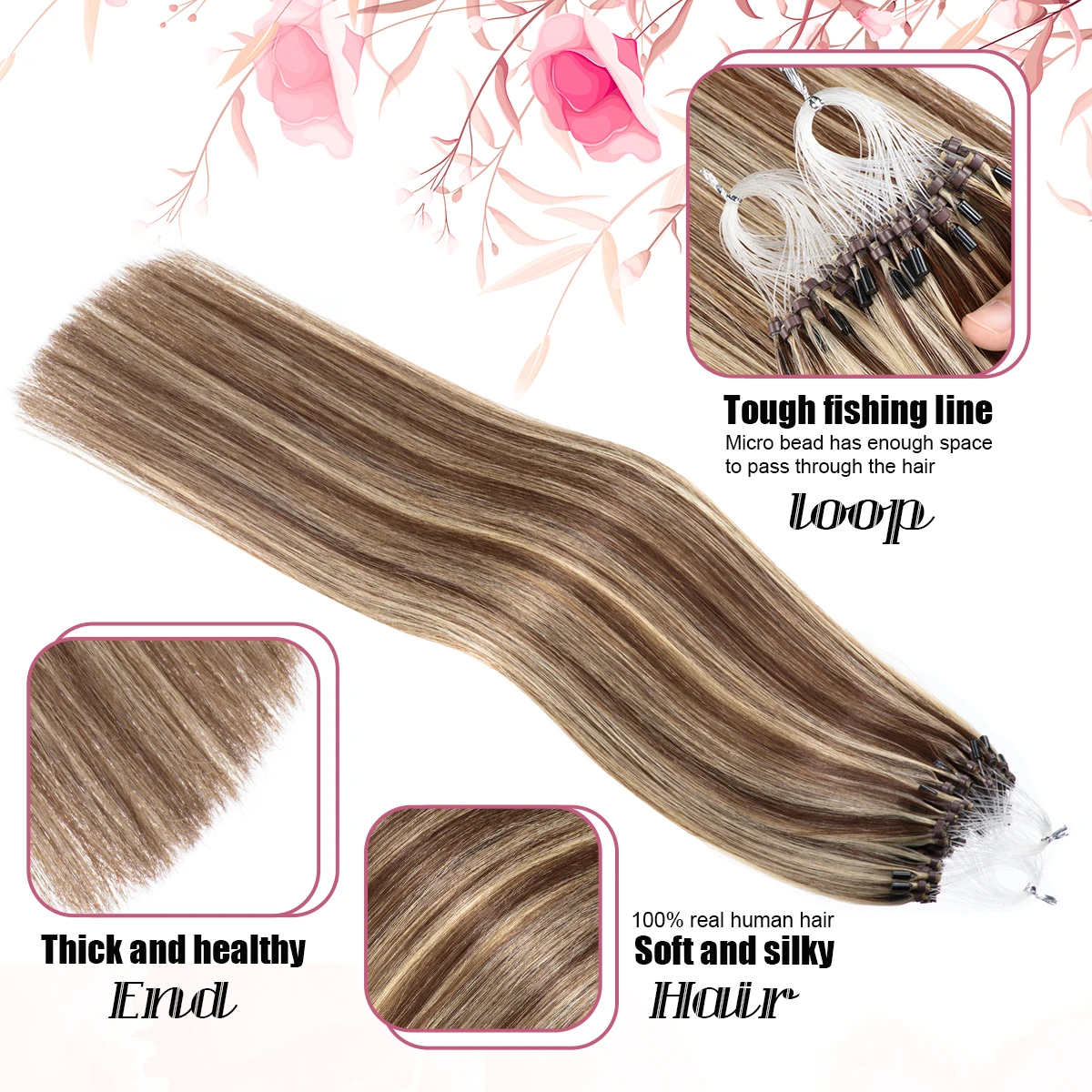 Remy Micro Loop Human Hair Extensions #4/613 Micro Beads Hair Extensions Ombre Brown with Blonde Ring