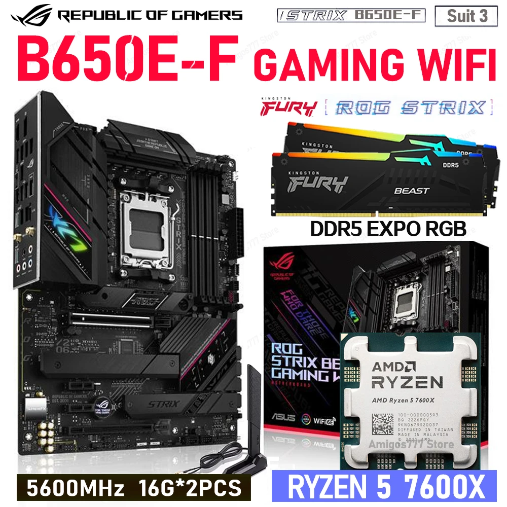 

Asus ROG STRIX B650E-F GAMING WIFI B650 Motherboard Socket AM5 RYZEN 5 7600X CPU With Ram DDR5 Fury 5600MHz 16GB*2pcs RGB EXPO