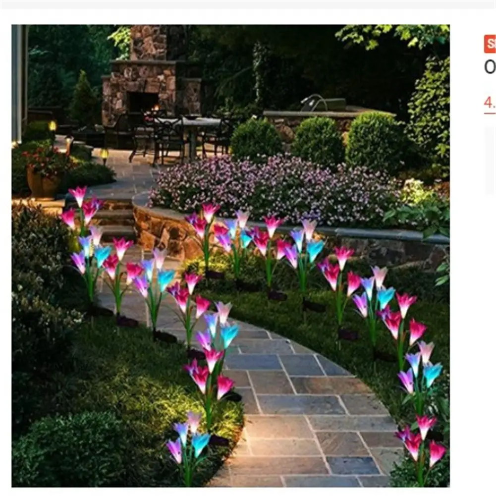 Outdoor Solar Gate Lights With 4 Lily Flowers Ip65 Waterproof Adjustable For Garden Pathway Patio Landscape Decor Backlight Lamp
