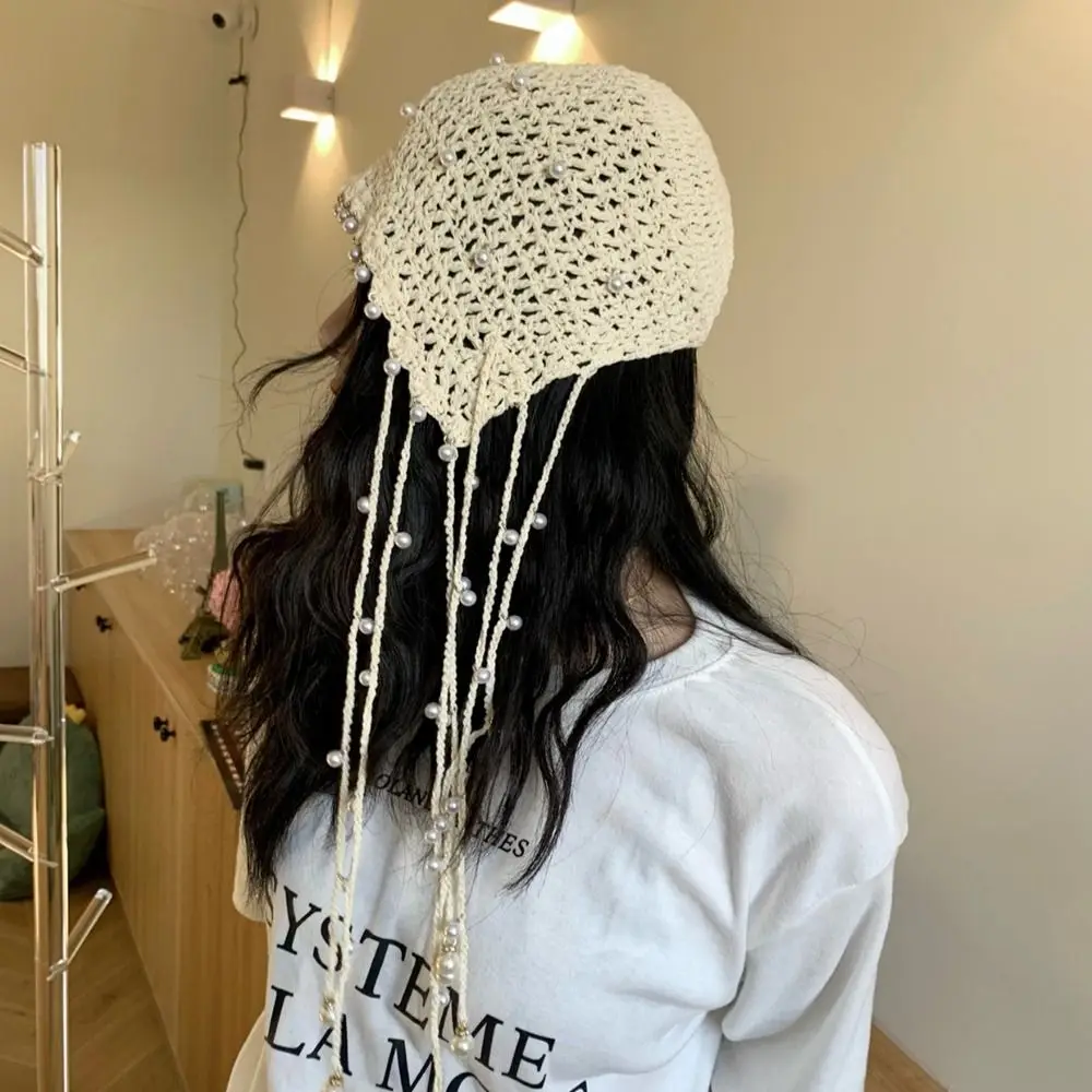 Crochet Flower Hollow Pearl Tassels Knitted Hat Beanies Weave Cap Knit Cap Hollow Out Korean Ethnic Style Hat 2