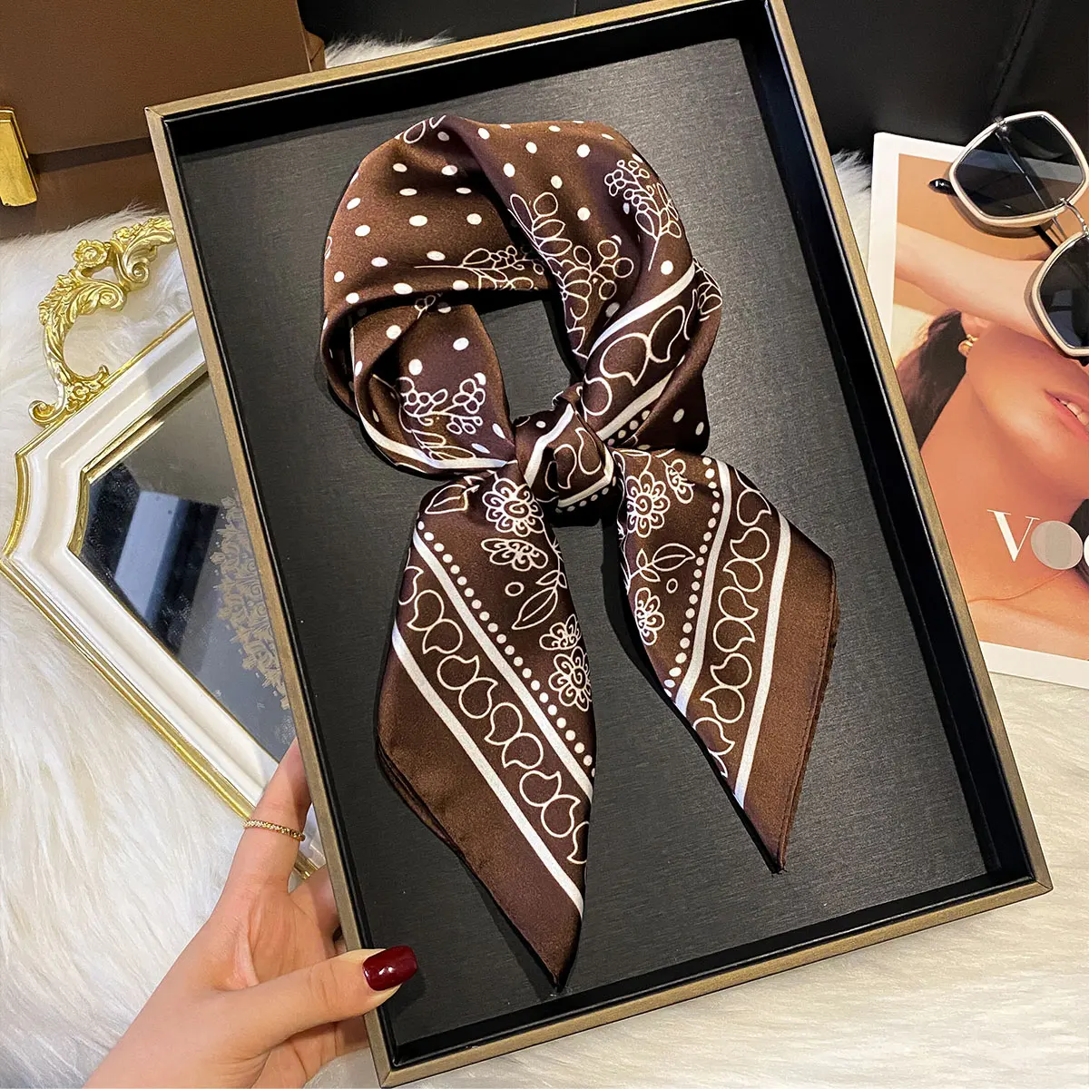 Women Luxury Print Silk Square Scarf Spring Neck Tie Shawl Hijab Wraps Female 70cm Hair Hand Wrist Headkercheif Bandana