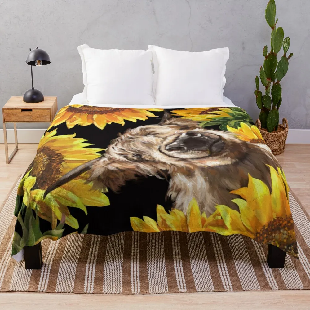 

Highland Cow in Sunflower Garden Throw Blanket Thin Blankets