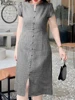 ZANZEA 2025 Casual Women's Midi Dresses Summer O-Neck Short Puff Sleeve Slit Hem Gingham Dress Everyday Wear Woman Clothes S-3XL