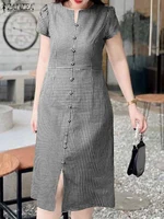 ZANZEA 2025 Casual Women's Midi Dresses Summer O-Neck Short Puff Sleeve Slit Hem Gingham Dress Everyday Wear Woman Clothes S-3XL