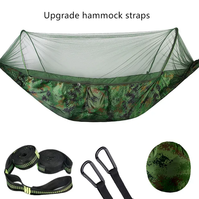 2021 Camping Hammock with Mosquito Net Pop-Up Light Portable Outdoor Parachute Hammocks Swing Sleeping Hammock Camping Stuff Camouflage-10 rings