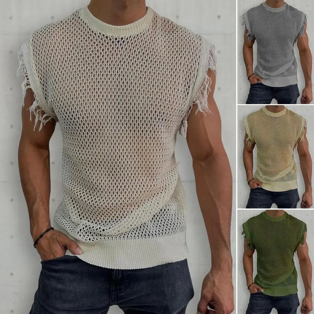 

Mens Mesh Knit T Shirt Fashion Hollow Out Ripped Design T-shirts Summer Vintage Short Sleeve O Neck Tees Men Clothes Streetwear