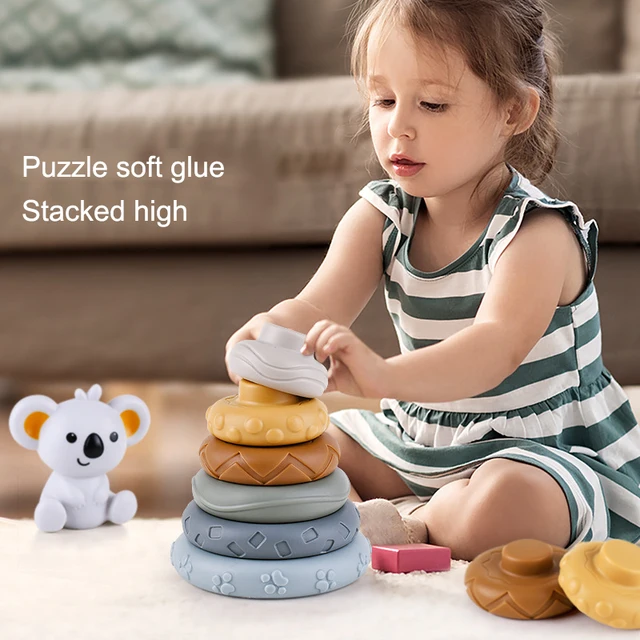 Soft Building Blocks Silicone Stacking Blocks Baby Toy Round Shape Silicone Construction Toy Rubber Teethers Montessori Toy 5