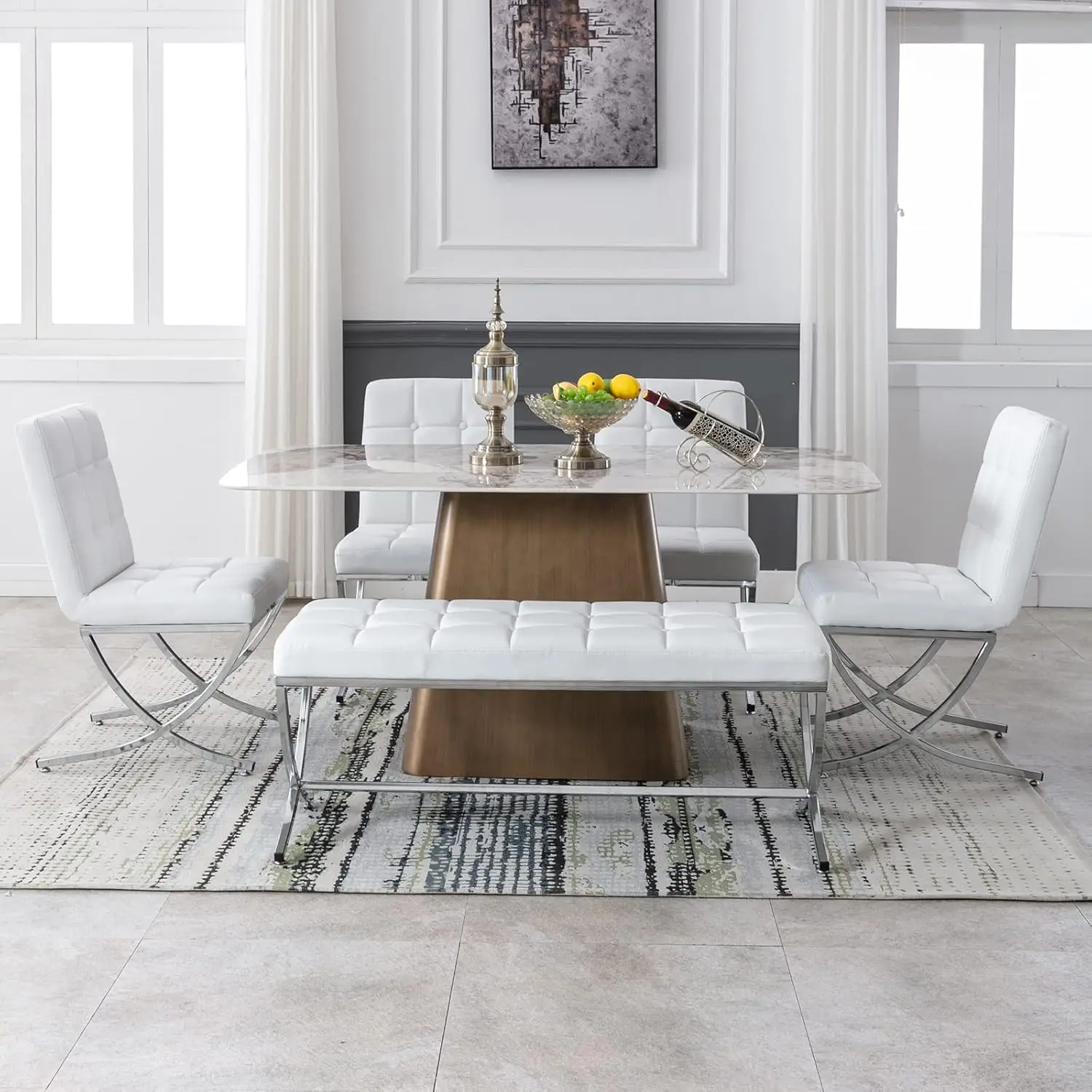 Leather Upholstered Dining Bench, Button Tufted Footrest Stool Vanity Seat with with X Metal Legs, 45.75" W x 16.5" D x 19.25" H