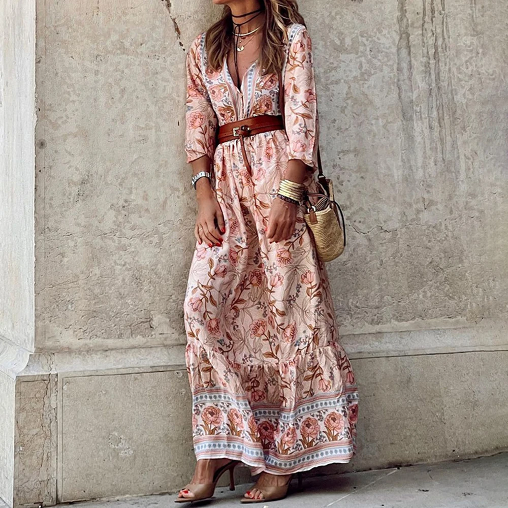 

Autumn Fashion V-Neck Long Sleeve Dresses Female Vintage Patchwork Print Long Dress Vestido Women Bohemian Beach Maxi Vestidos
