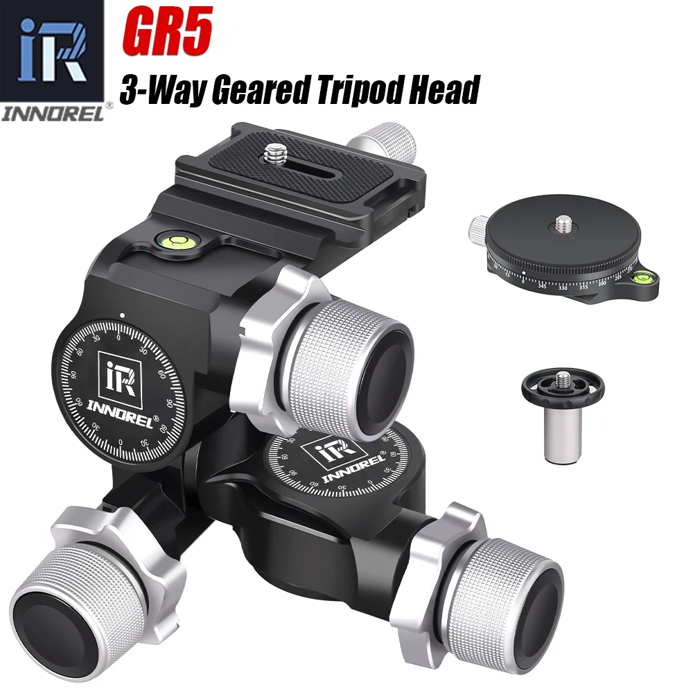 GR5 CNC Aluminum Alloy 3 Way Geared Tripod Head Load Capacity 6kg with Arca Type QR Plate for Photography Camera