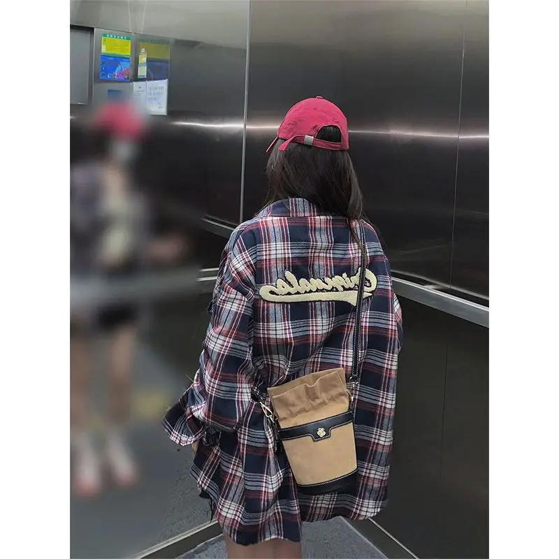 

XEJ Women's Plaid Shirt Elegant Blouses Korean Style Long Sleeve Shirts Oversized Shirt Tops for Women 2023 Women's Autumn Coat
