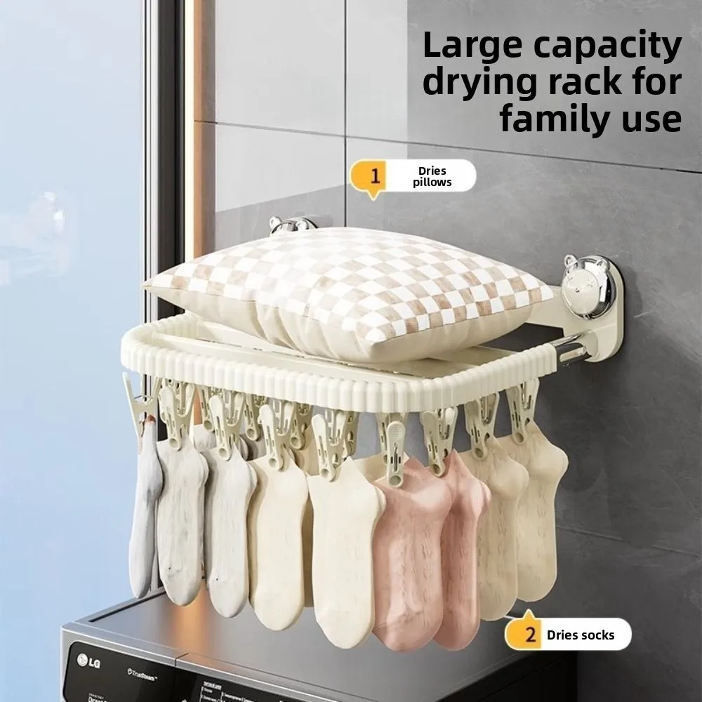 Rotating Suction Cup Drying Rack Wall-mounted Folding Baby Clothes Drying Rack 27 Clips Space Saving Hanging Clothes Rack Towels