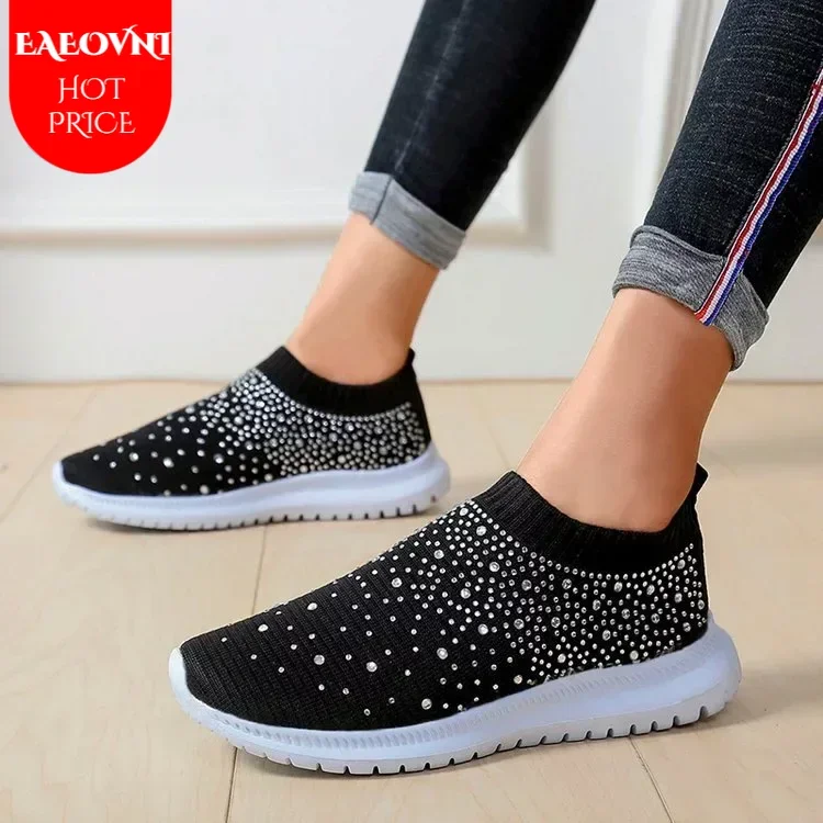 

Кроссовки женские сетчатые без шнуровки, дышащие сникерсы с кристаллами, плоская подошва, уличные прогулочные лоферы, 2023