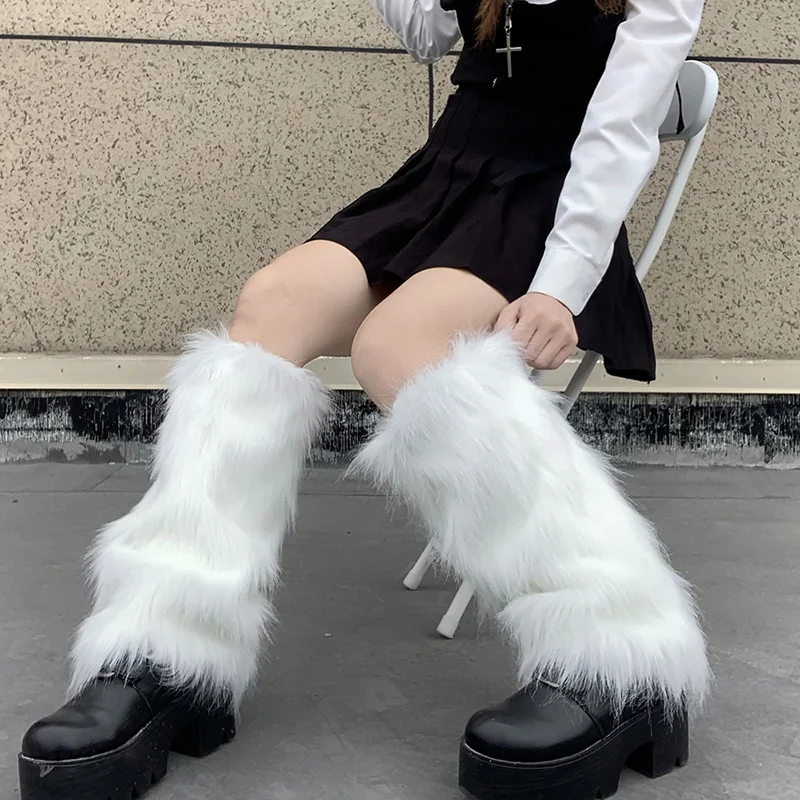 

Furry Leg Warmers Y2K Goth White Faux Fur Leg Warmers Boot Covers Lady Cute Jk Knee-length Hipster Warm Sock Fashion Socks