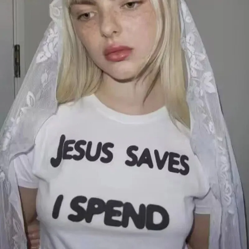 

2000S Grunge Goth Clothes Harajuku Jesus Saves I Spend Women Cropped Top College Baby Tee Streetwear Outfits Trendy T Shirt