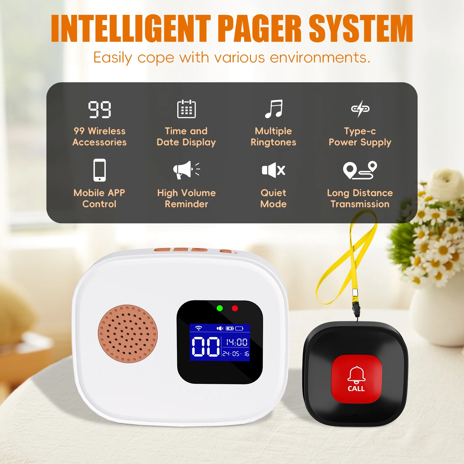 Medical Alert Button Emergency Alarm Button WiFi Caregiver Pager Nurse Call Button For Elderly Digital Display Hospital Alert System Call Bell Smart App For Restaurant