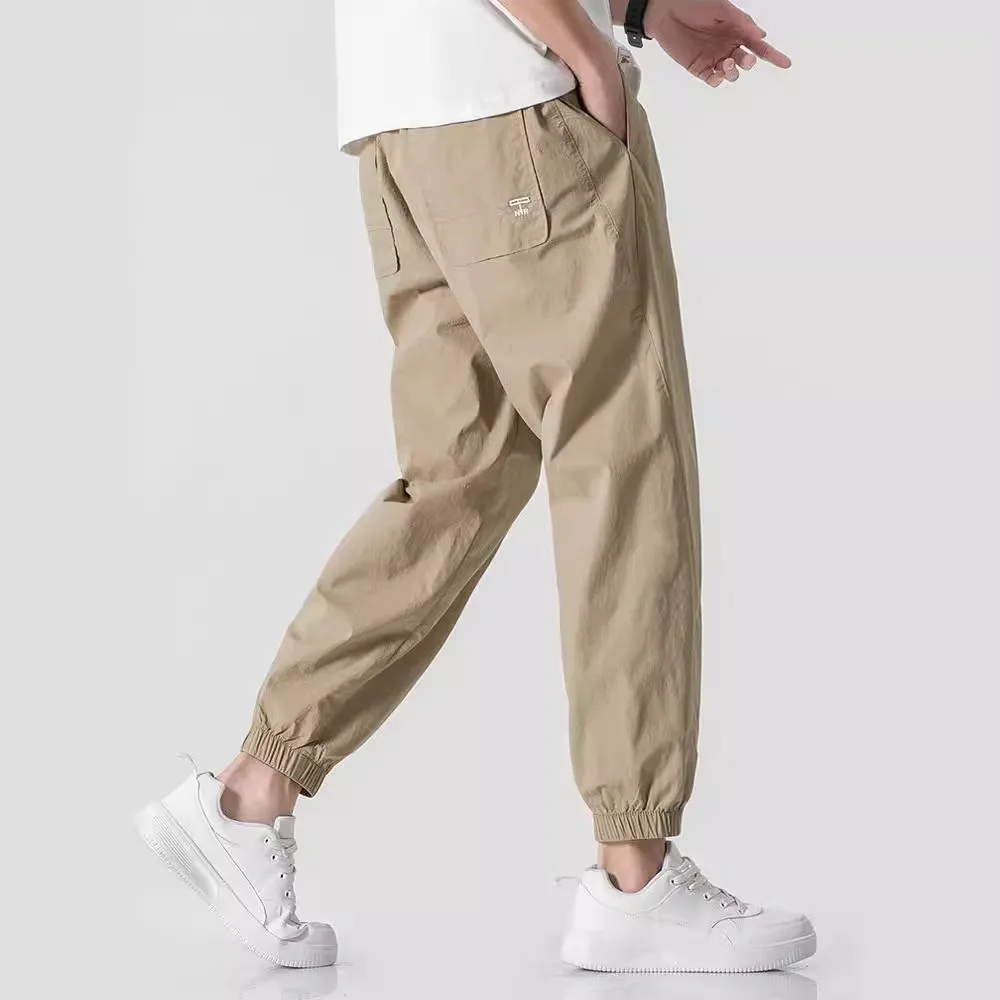 High Street Trend Men Spring Fashion Work Pants Loose Bound Feet Thin Style Solid Color Elastic Waist Large Size Casual Trousers