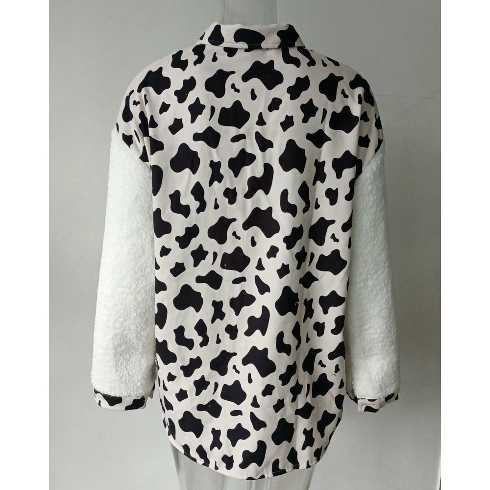 New Autumn Women Colorblock Cow Print Pocket Design Teddy Shirt Coats Fashion Femme Long Sleeve Turn-down Collar Fluffy Jackets