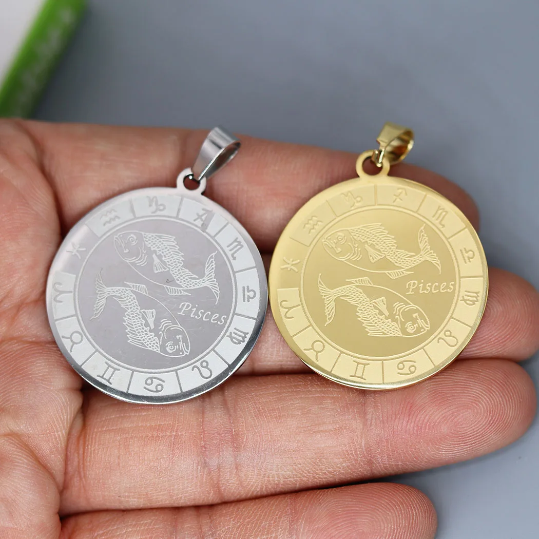

2pcs Round Punk Pisces of the twelve Signs Stainless Steel Pendant Charms for Jewelry Making Finding DIY Craft Necklace Keychain