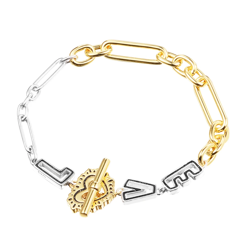 

100% 925 Sterling Silver Jewelry Shine Two-tone Love Links Bracelets For Women Wholesales Free Shipping