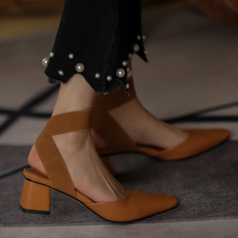 

Women Pumps French Style Cowhide Summer Shoes Cross-Tied Woman Sandals 5 CM Slingbacks Pointed Toe Lady Spring Autum Daily Pumps