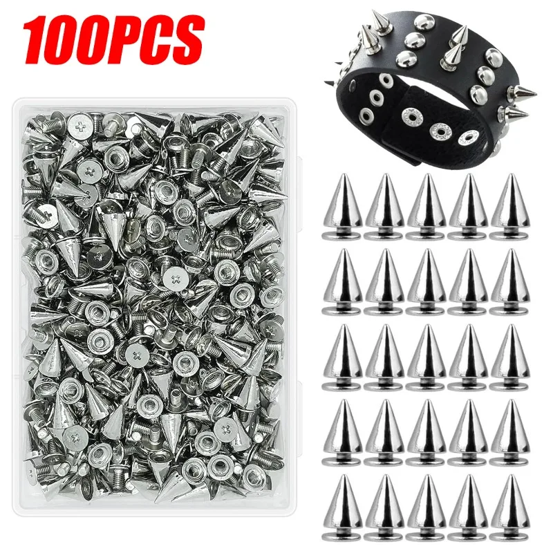 100/10pcs Silver Cone Studs And Spikes Rivets Metal Punk Warhead Screw  Rivets DIY Crafts Tools Clothes Shoes Leather Accessories