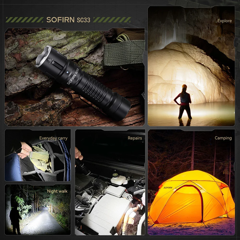 Sofirn SC33 LED baterka 5200lm sytý 21700 typ C dobíjecí pochodeň e-switch outdoorové lehký XHP70.3 ahoj 4700-5300K