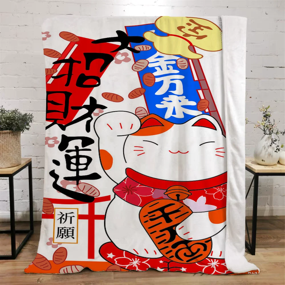 Lucky Cat Fleece Blanket King Size Thermal Blankets for Bed Throw Microfiber Bedding Home Interior Fluffy Plaid Beach Towel Knee 3