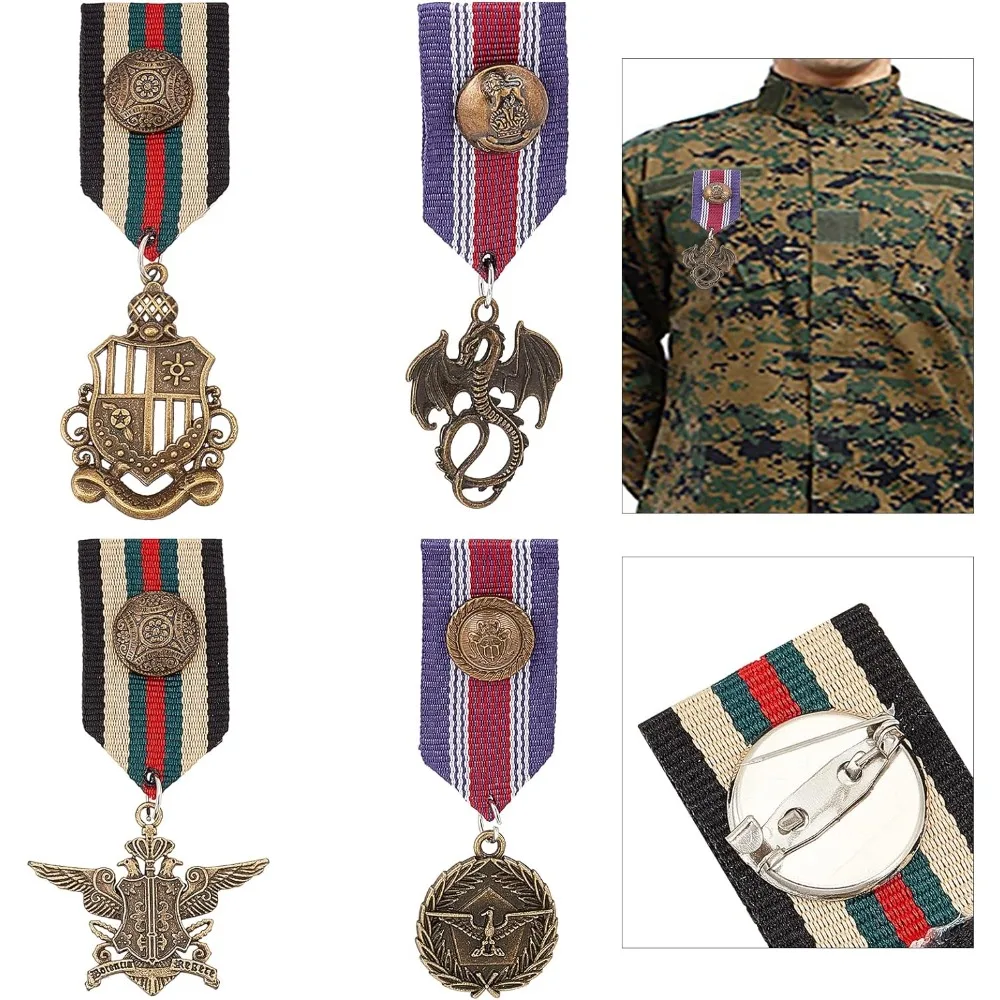 4 Pcs Costume Military Badge Medal, 4 Style Military Hero Combat Medals Brooch Navy Badge Patriot Brooch Pin Stripe