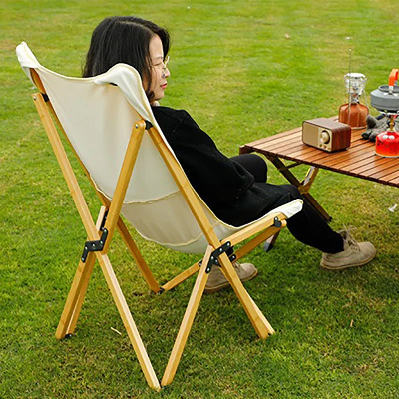 Outdoor Portable Camping Chair with Backrest Folding Solid Wood Cloth Tourist Camping Portable Large Relaxing Armchairs Seat