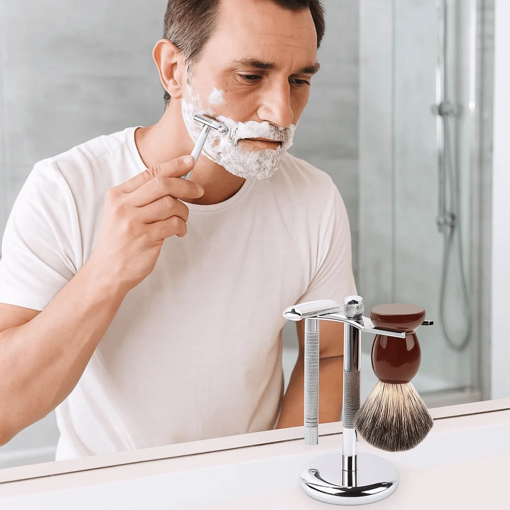 Alloy Construction Razor and Brush Stand Chrome Finish Weighted Bottom Manual Razor Rack Extra Wide Openings Safety