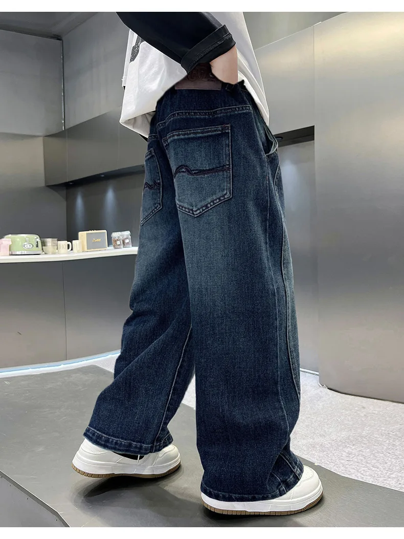 키즈 가을 데님 팬츠 남아 고급 두꺼운 원단 배기 카고 청바지 포켓 트위닝스 아동 스트릿 힙합 블루 진 바지