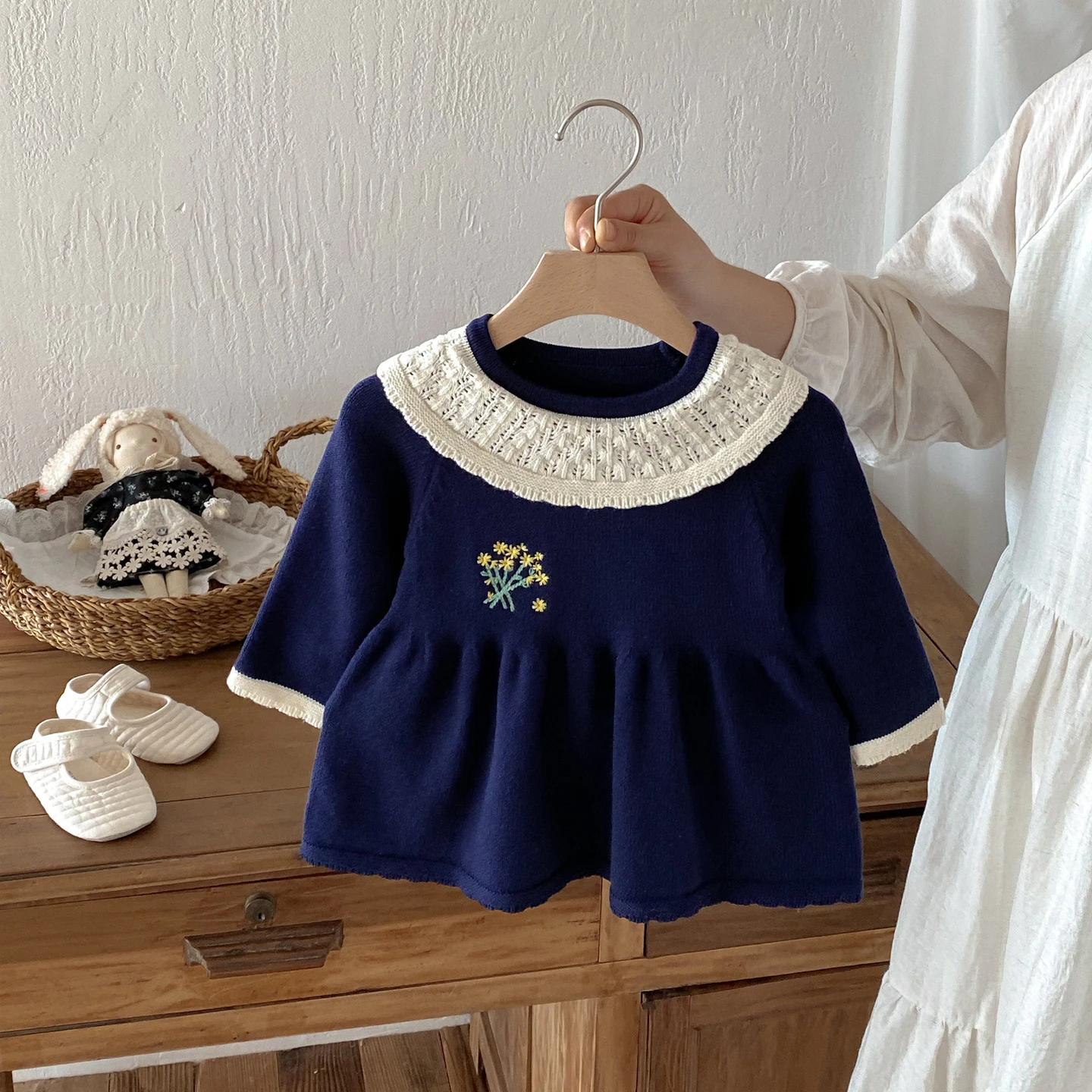 Navy Sweater Knit Dress for Kids with Ruffle Collar