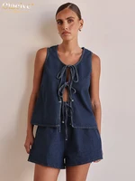 Clacive Summer Loose Blue Denim 2 Piece Sets Women Outfit 2025 Fashion Sleeveless Tank Top With High Waist Shorts Set Streetwear - Image 2