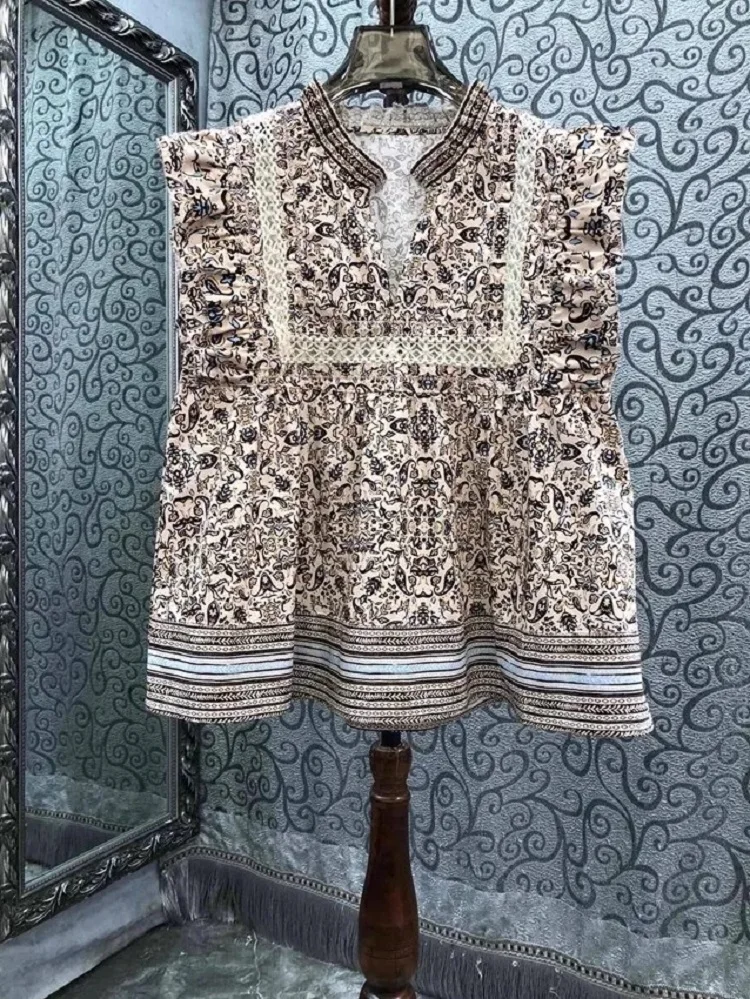 

Блузка женская с V-образным вырезом, винтажный дизайнерский Топ без рукавов, с цветочным принтом, темно-синий, абрикосовый, весна-лето 2024