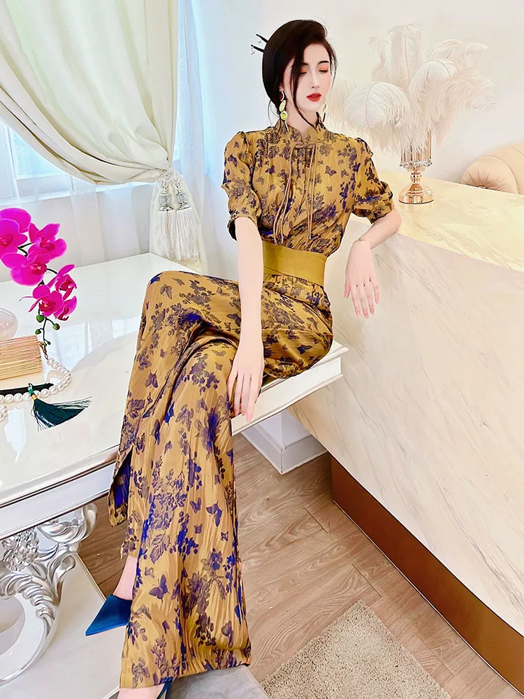 

Летняя новая модная блузка, женская блузка из искусственного шифона + брюки с широкими штанинами, модный костюм из двух предметов